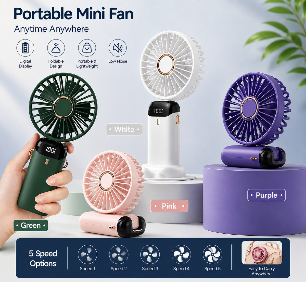 5 in 1 portable mini fan - 5 speeds - LED Display - rechargeable - folding hand fan office travel campaign outdoor