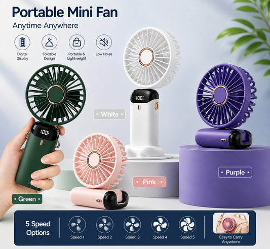 5 in 1 portable mini fan - 5 speeds - LED Display - rechargeable - folding hand fan office travel campaign outdoor